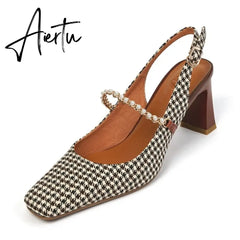 Aiertu New   Sandles Women Square Toe Thick Heel French Retro Women Shoes Pearl Buckle High Heel Party Sandals Houndstooth Pattern Aiertu