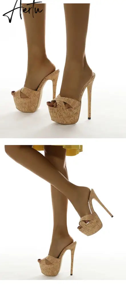 Aiertu NEW Sexy 17CM Thin Heels Slippers Women 2024 Summer  Platform High Heel Peep Toe Fashion Slip-On Party Shoes Apricot Aiertu