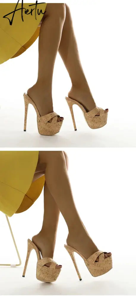 Aiertu NEW Sexy 17CM Thin Heels Slippers Women 2024 Summer  Platform High Heel Peep Toe Fashion Slip-On Party Shoes Apricot Aiertu