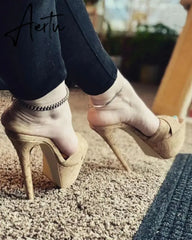 Aiertu NEW Sexy 17CM Thin Heels Slippers Women 2024 Summer  Platform High Heel Peep Toe Fashion Slip-On Party Shoes Apricot Aiertu