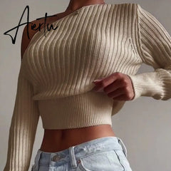 Aiertu New Sexy Off Shoulder Women' Sweater Jumper Spring Long Sleeve Knitted Crop Tops Fashion Solid Lady Pullover Sweaters Streetwear Aiertu