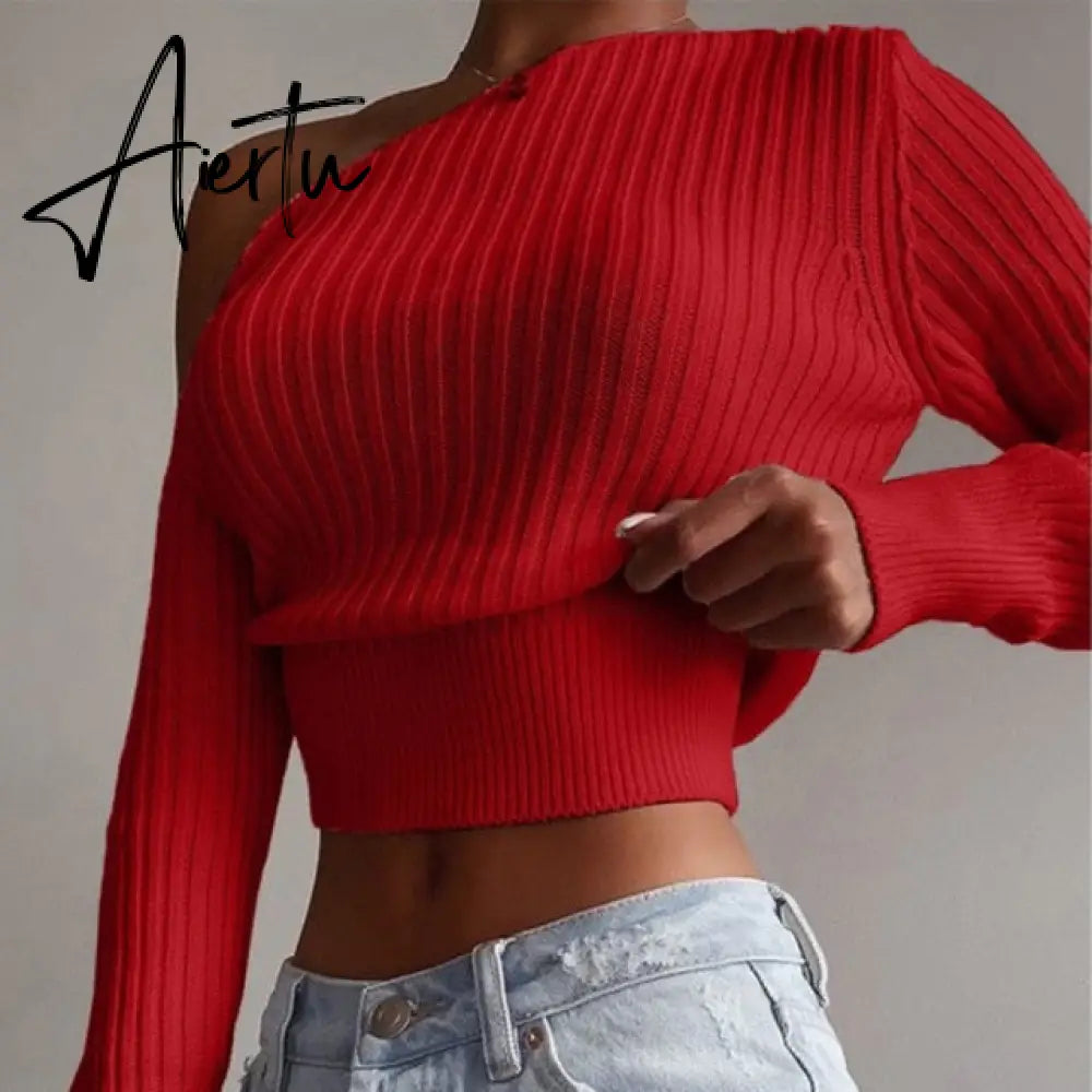 Aiertu New Sexy Off Shoulder Women' Sweater Jumper Spring Long Sleeve Knitted Crop Tops Fashion Solid Lady Pullover Sweaters Streetwear Aiertu