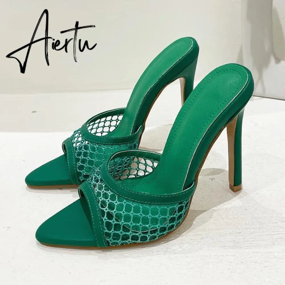 Aiertu New Sexy Pointed Head Peep Toe High Heel Mesh Slippers Summer Fashion Slip On Thin Heels Slides Women Mules Party Aiertu