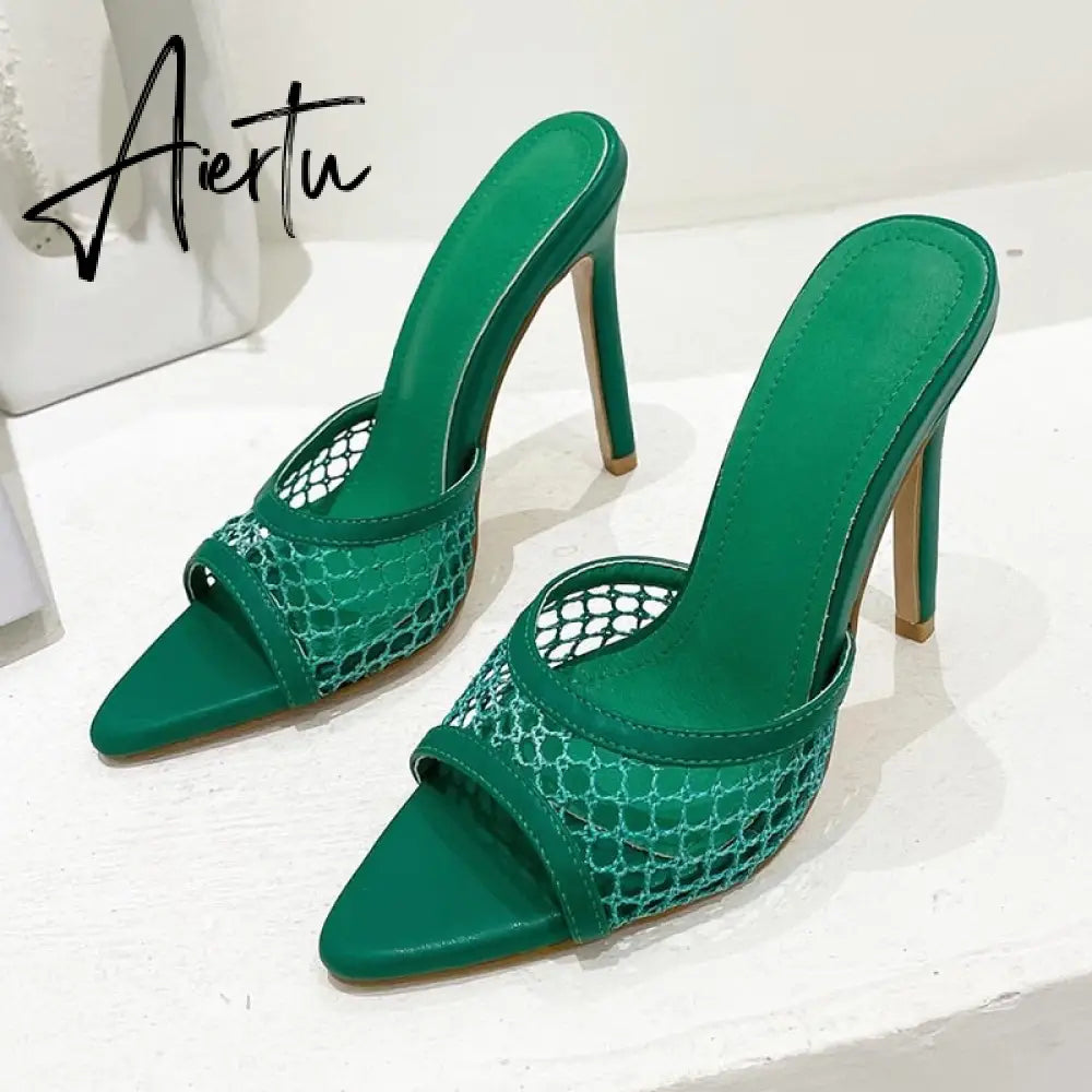 Aiertu New Sexy Pointed Head Peep Toe High Heel Mesh Slippers Summer Fashion Slip On Thin Heels Slides Women Mules Party Aiertu