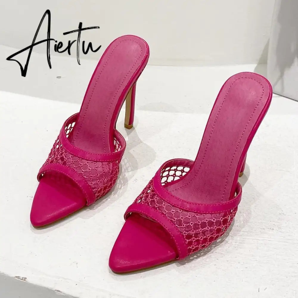 Aiertu New Sexy Pointed Head Peep Toe High Heel Mesh Slippers Summer Fashion Slip On Thin Heels Slides Women Mules Party Aiertu