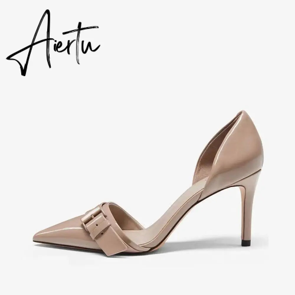 Aiertu  New Spring Autumn Shoes Glossy Leather Temperament Point Toe  Stiletto High Heels Lady Sandals D’Orsay Design Pumps With  S Aiertu