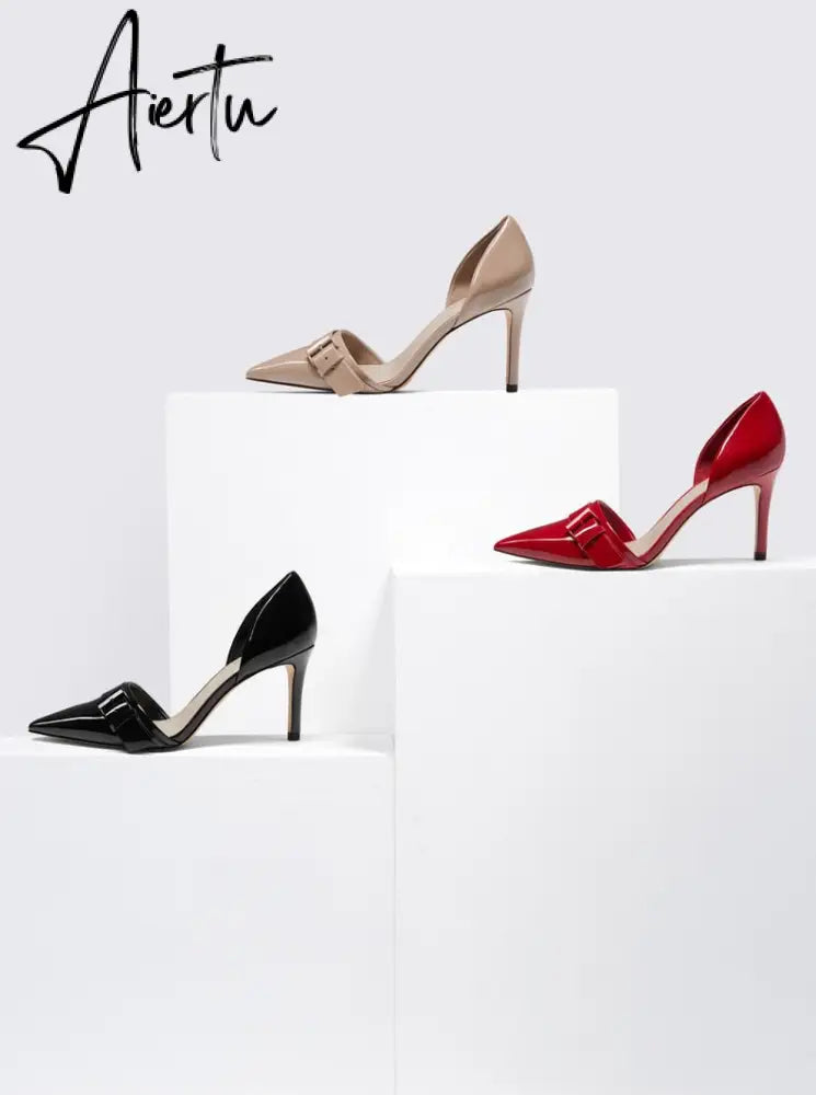 Aiertu  New Spring Autumn Shoes Glossy Leather Temperament Point Toe  Stiletto High Heels Lady Sandals D’Orsay Design Pumps With  S Aiertu