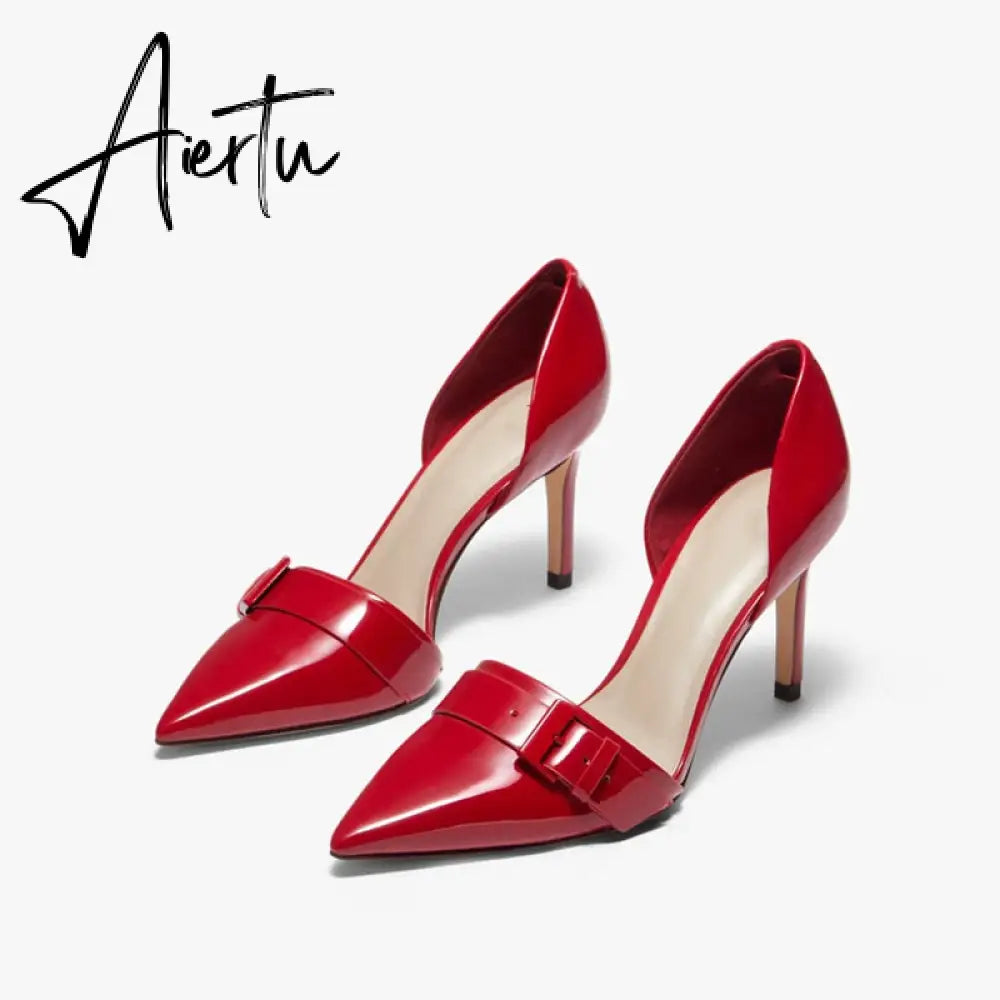 Aiertu  New Spring Autumn Shoes Glossy Leather Temperament Point Toe  Stiletto High Heels Lady Sandals D’Orsay Design Pumps With  S Aiertu