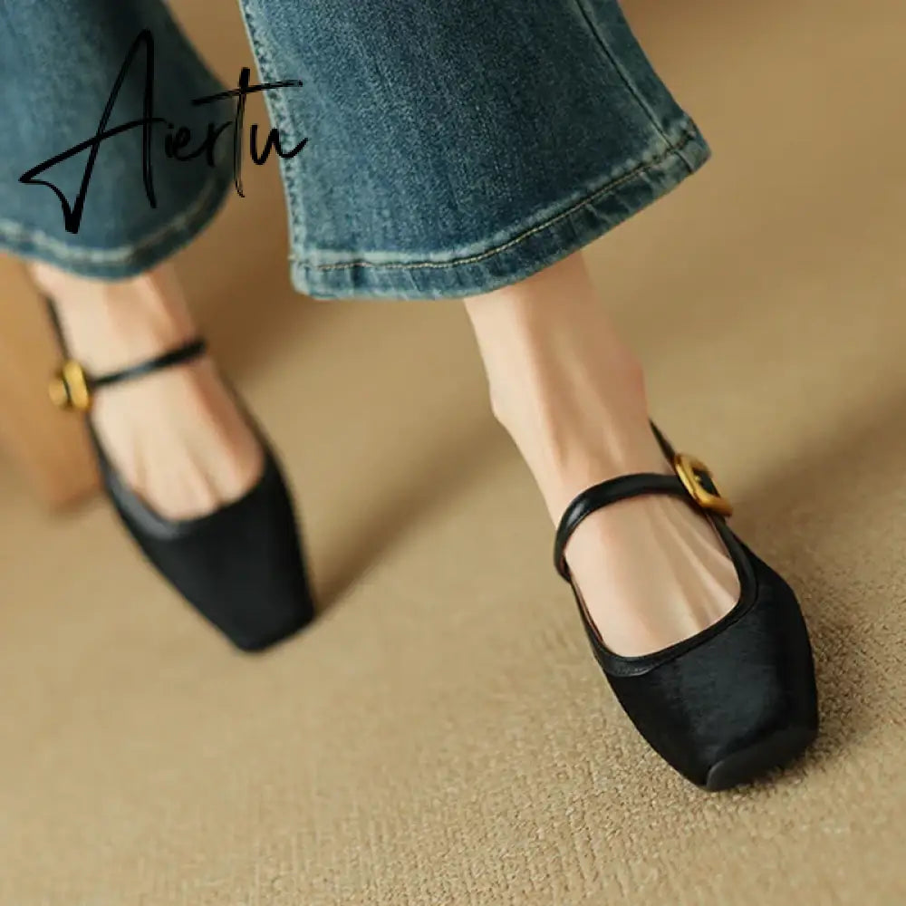 Aiertu NEW Spring/Autumn Women Pumps Square Toe Chunky Heel Shoes Horsehair Leopard Shoes for Women Concise High Heel Buckle Mary Janes Aiertu