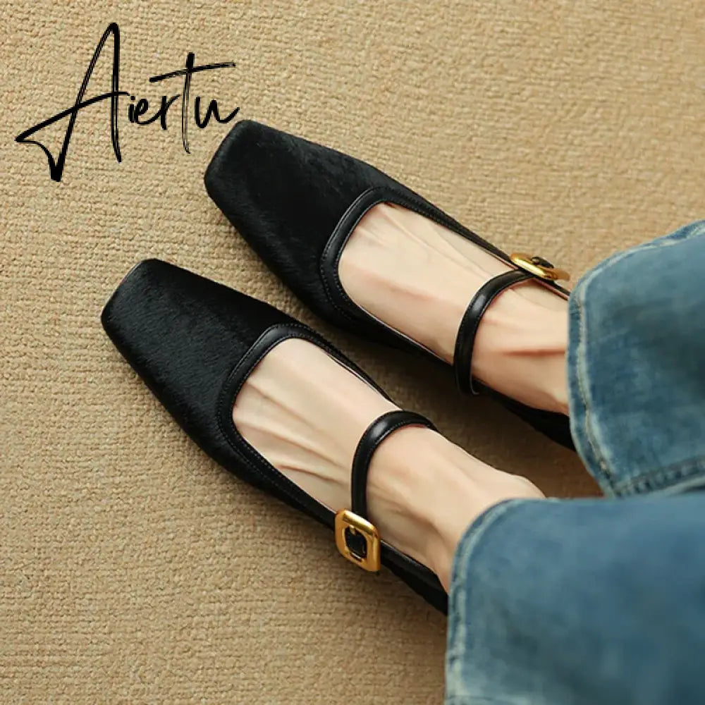 Aiertu NEW Spring/Autumn Women Pumps Square Toe Chunky Heel Shoes Horsehair Leopard Shoes for Women Concise High Heel Buckle Mary Janes Aiertu