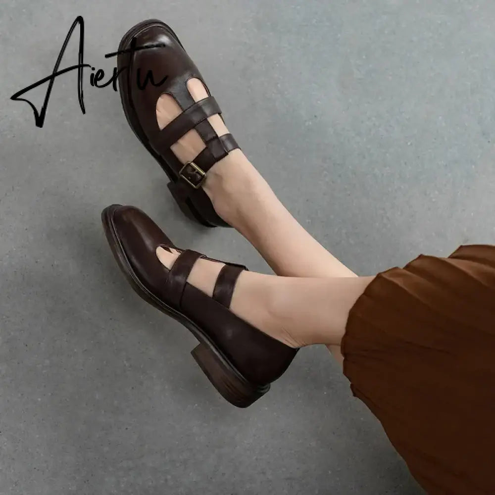 Aiertu New Spring Genuine Leather Women Shoes GLADIATOR Round Toe Casual Buckle Strap Platform Heels Shallow Shoes Women pumps Aiertu