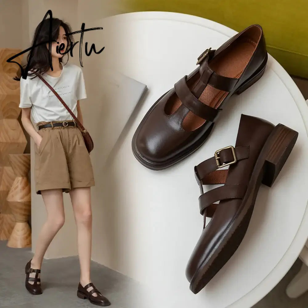 Aiertu New Spring Genuine Leather Women Shoes GLADIATOR Round Toe Casual Buckle Strap Platform Heels Shallow Shoes Women pumps Aiertu