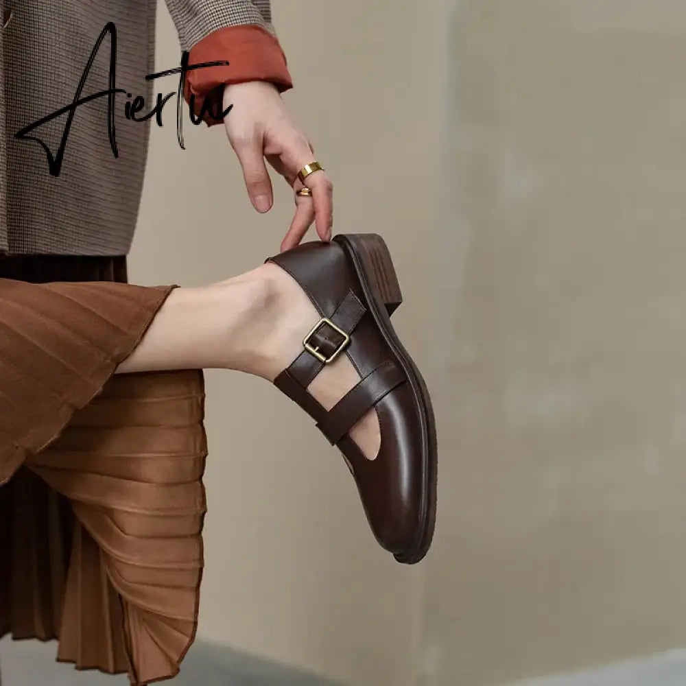 Aiertu New Spring Genuine Leather Women Shoes GLADIATOR Round Toe Casual Buckle Strap Platform Heels Shallow Shoes Women pumps Aiertu