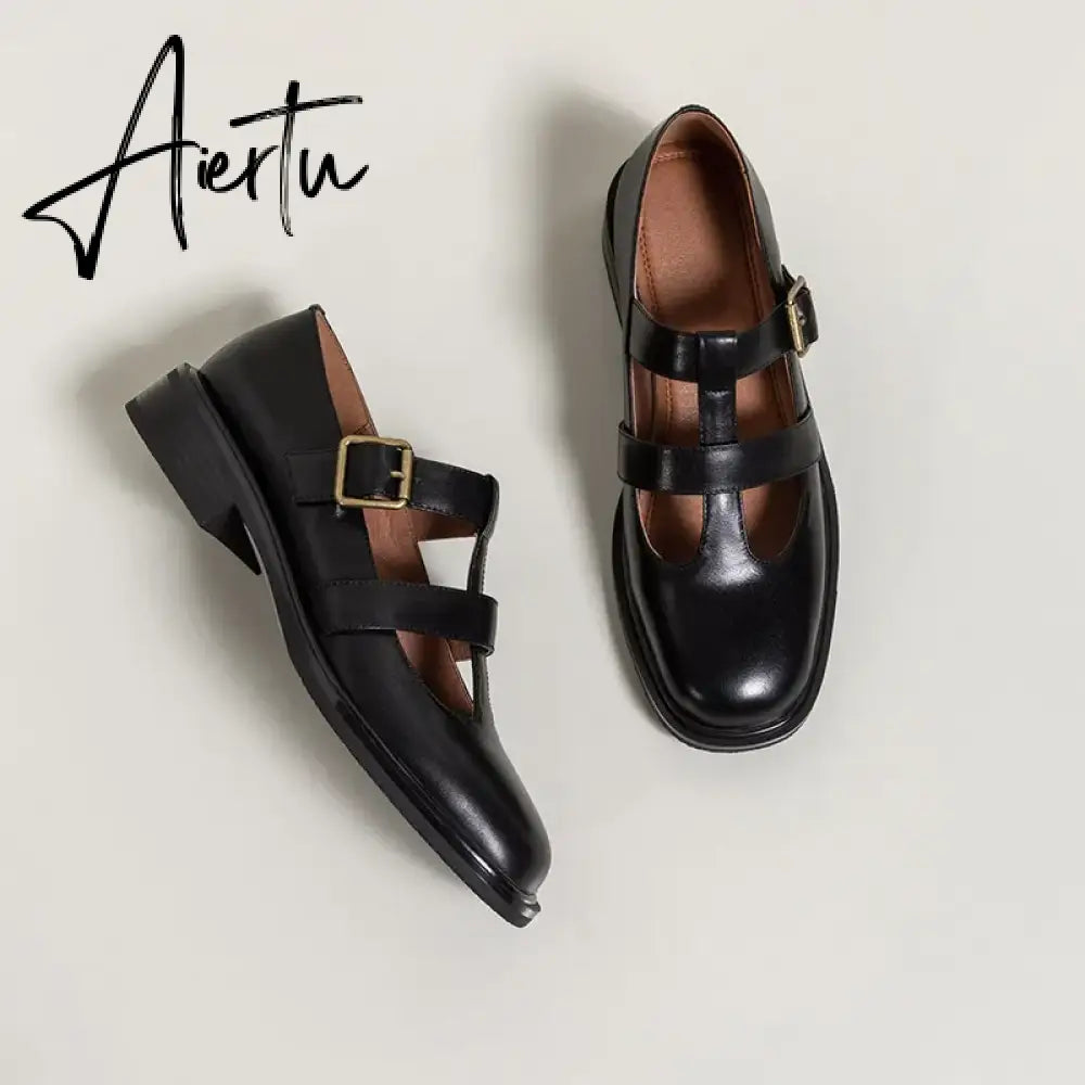 Aiertu New Spring Genuine Leather Women Shoes GLADIATOR Round Toe Casual Buckle Strap Platform Heels Shallow Shoes Women pumps Aiertu