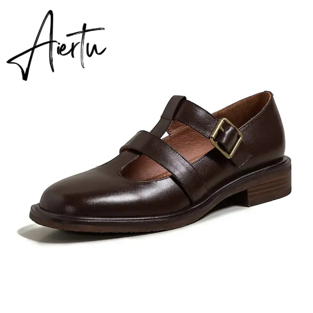 Aiertu New Spring Genuine Leather Women Shoes GLADIATOR Round Toe Casual Buckle Strap Platform Heels Shallow Shoes Women pumps Aiertu