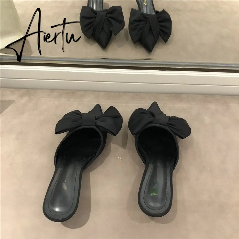 Aiertu New Spring Slippers Women's Korean-Style Pointed Polka Dot Bow Stiletto Mid-Heel Low Heel Slippers Polka Dot Half Slippers Aiertu