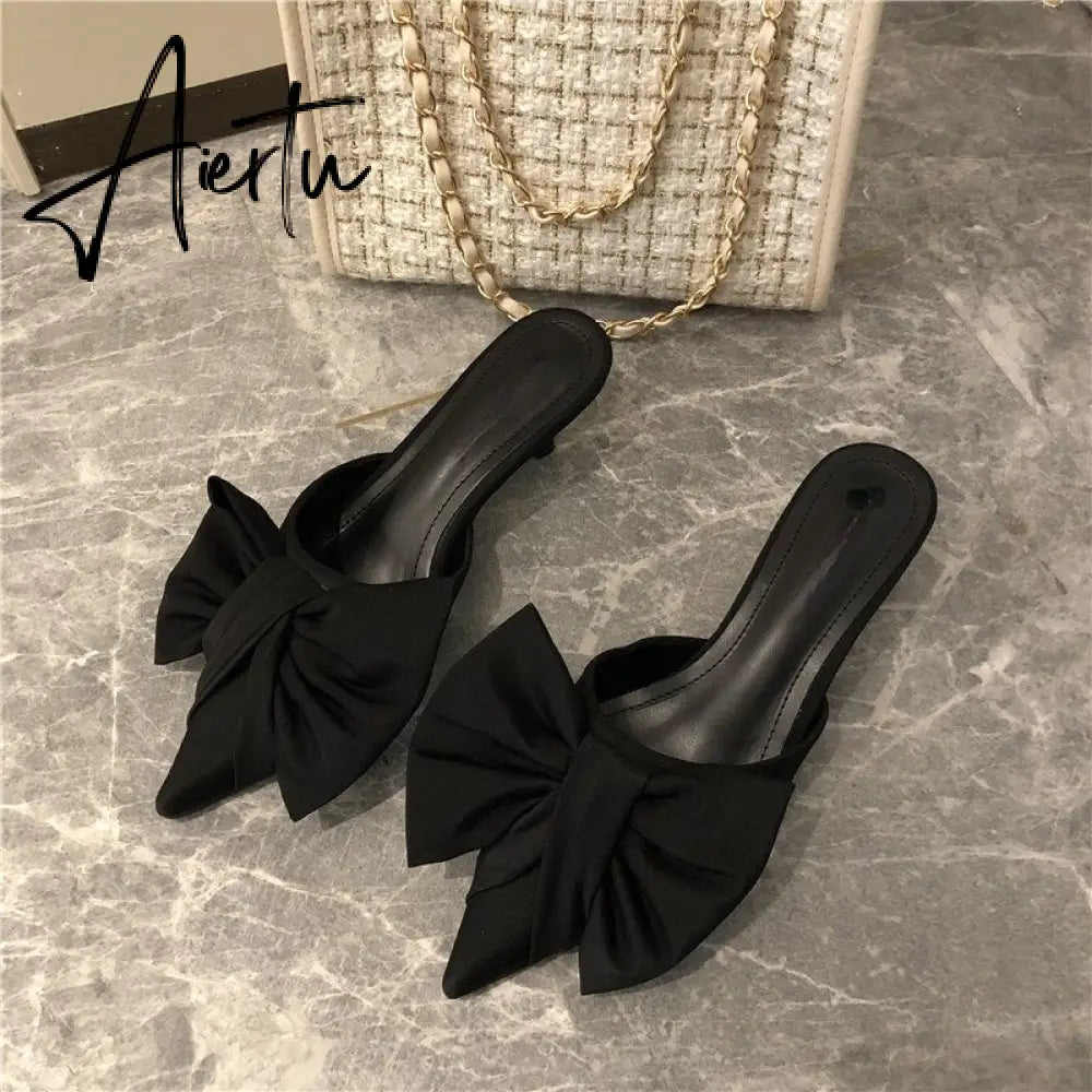 Aiertu New Spring Slippers Women's Korean-Style Pointed Polka Dot Bow Stiletto Mid-Heel Low Heel Slippers Polka Dot Half Slippers Aiertu