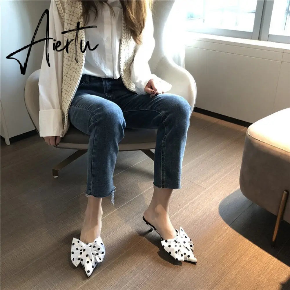 Aiertu New Spring Slippers Women's Korean-Style Pointed Polka Dot Bow Stiletto Mid-Heel Low Heel Slippers Polka Dot Half Slippers Aiertu