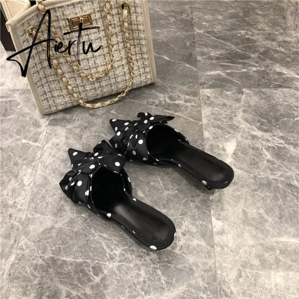 Aiertu New Spring Slippers Women's Korean-Style Pointed Polka Dot Bow Stiletto Mid-Heel Low Heel Slippers Polka Dot Half Slippers Aiertu