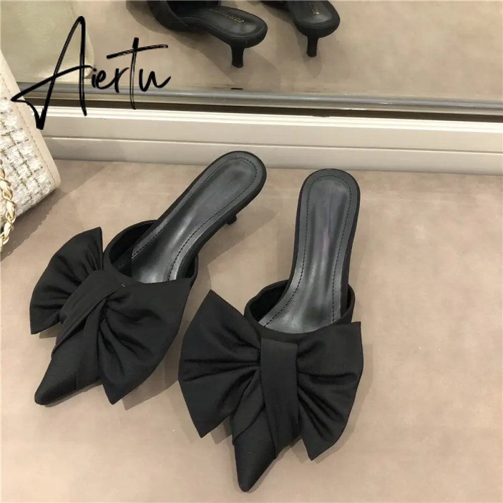 Aiertu New Spring Slippers Women's Korean-Style Pointed Polka Dot Bow Stiletto Mid-Heel Low Heel Slippers Polka Dot Half Slippers Aiertu