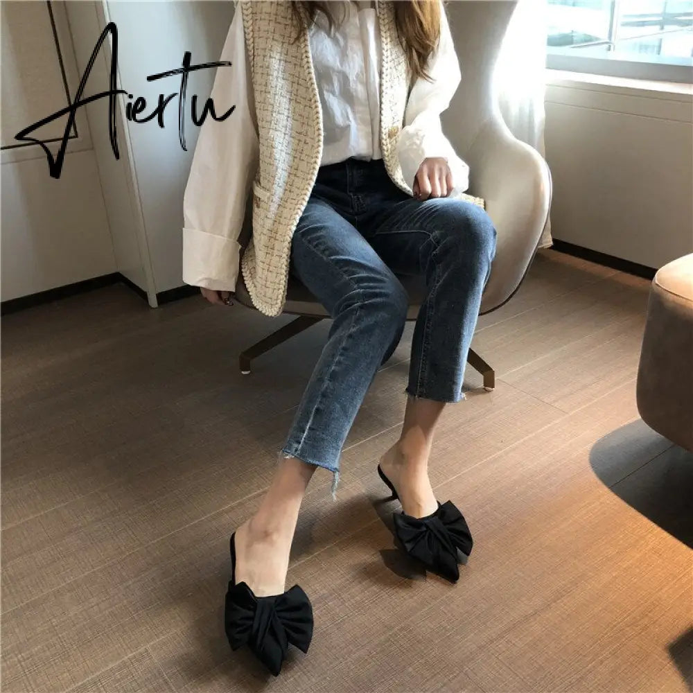 Aiertu New Spring Slippers Women's Korean-Style Pointed Polka Dot Bow Stiletto Mid-Heel Low Heel Slippers Polka Dot Half Slippers Aiertu