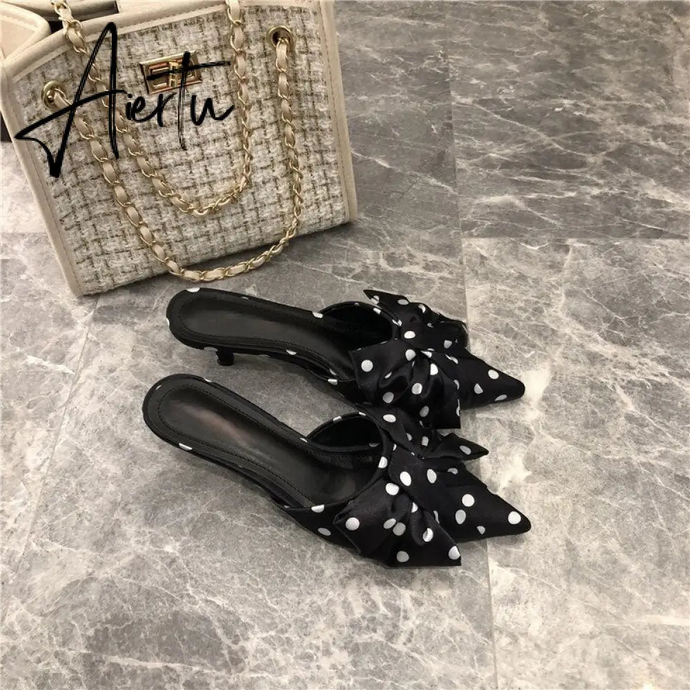 Aiertu New Spring Slippers Women's Korean-Style Pointed Polka Dot Bow Stiletto Mid-Heel Low Heel Slippers Polka Dot Half Slippers Aiertu