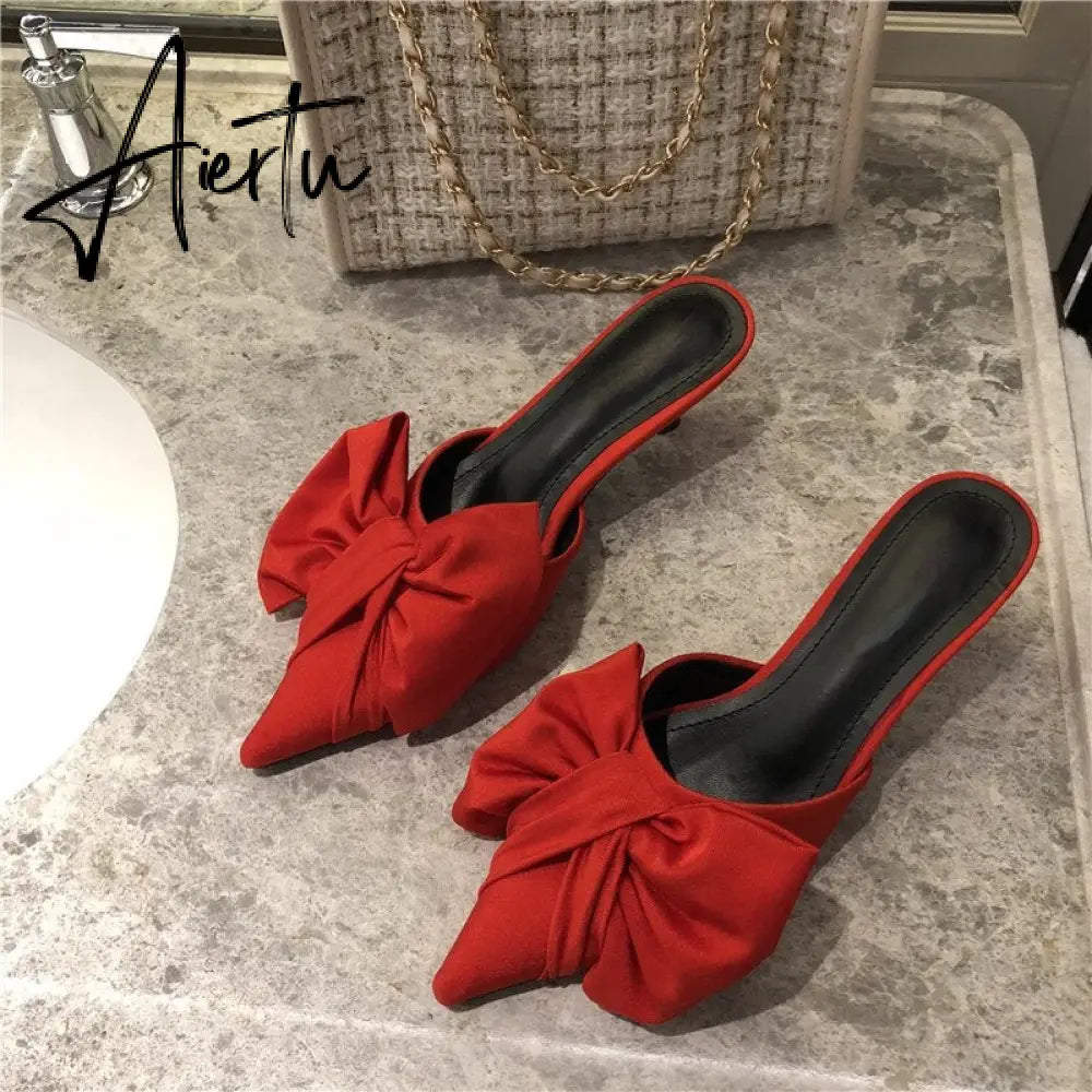 Aiertu New Spring Slippers Women's Korean-Style Pointed Polka Dot Bow Stiletto Mid-Heel Low Heel Slippers Polka Dot Half Slippers Aiertu