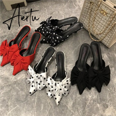 Aiertu New Spring Slippers Women's Korean-Style Pointed Polka Dot Bow Stiletto Mid-Heel Low Heel Slippers Polka Dot Half Slippers Aiertu