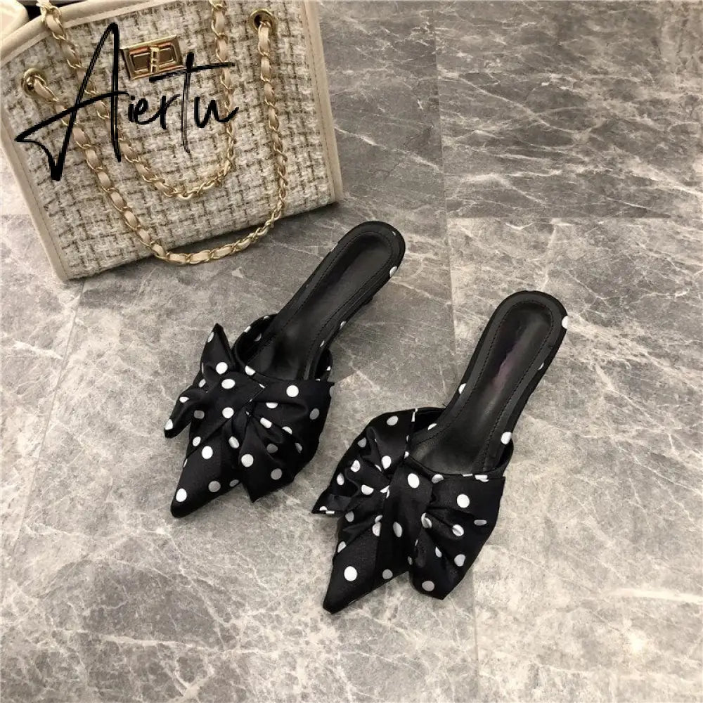 Aiertu New Spring Slippers Women's Korean-Style Pointed Polka Dot Bow Stiletto Mid-Heel Low Heel Slippers Polka Dot Half Slippers Aiertu