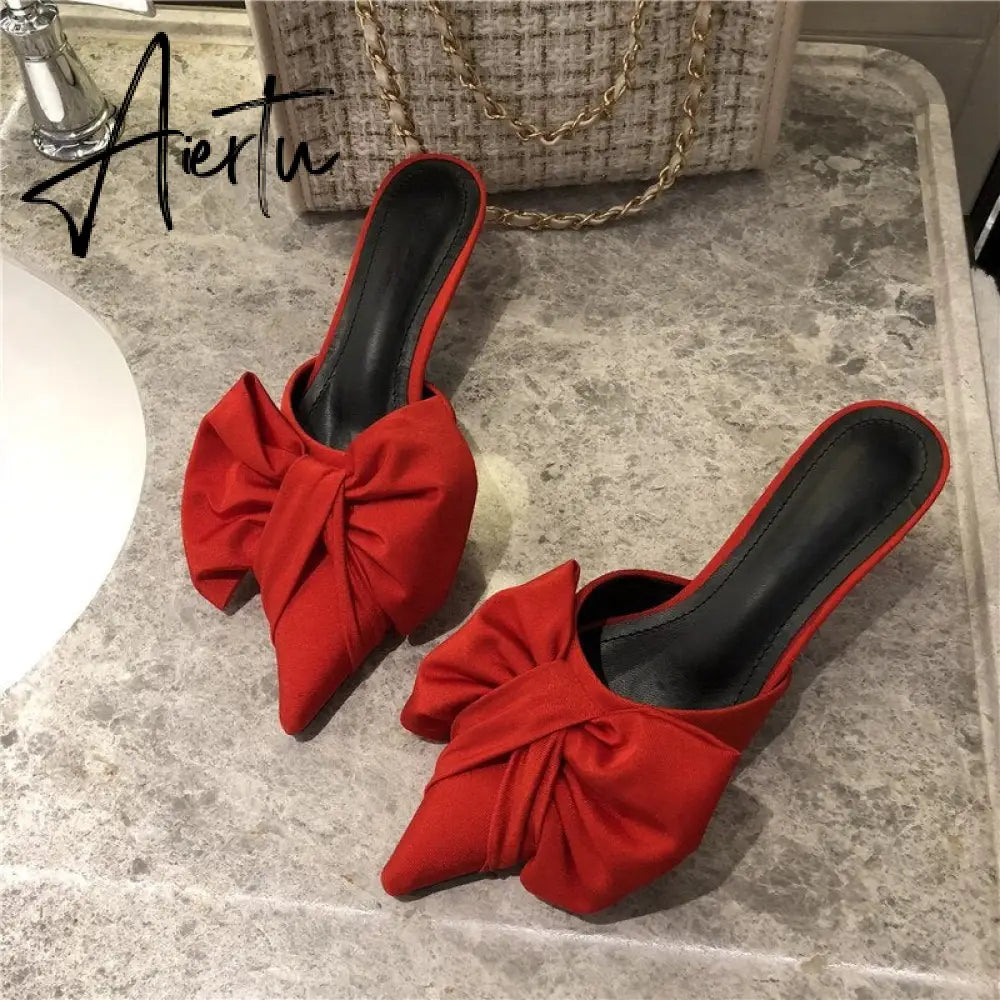 Aiertu New Spring Slippers Women's Korean-Style Pointed Polka Dot Bow Stiletto Mid-Heel Low Heel Slippers Polka Dot Half Slippers Aiertu