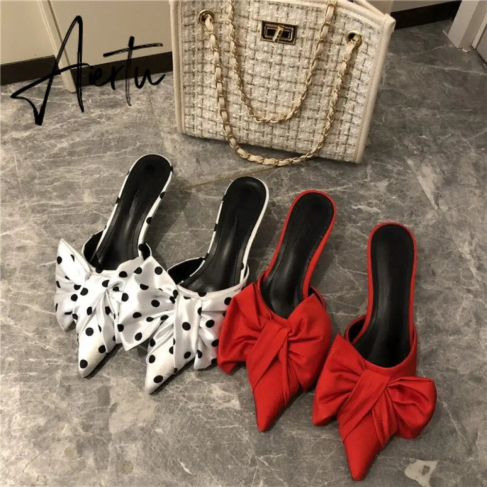 Aiertu New Spring Slippers Women's Korean-Style Pointed Polka Dot Bow Stiletto Mid-Heel Low Heel Slippers Polka Dot Half Slippers Aiertu