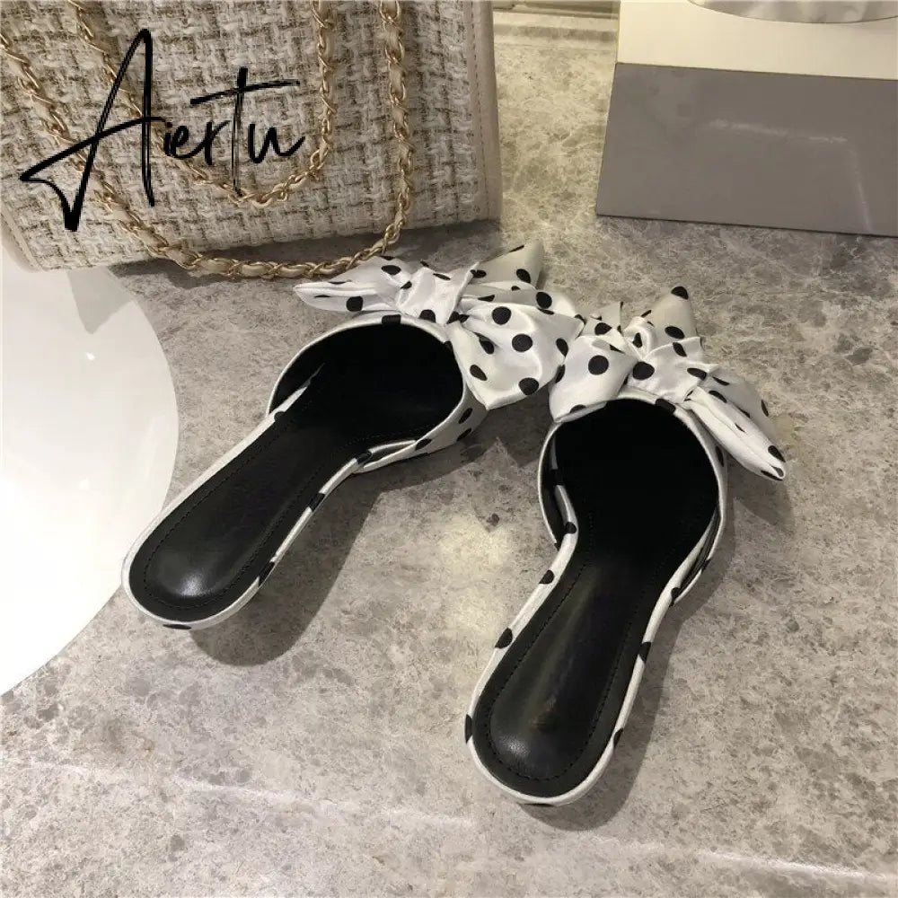 Aiertu New Spring Slippers Women's Korean-Style Pointed Polka Dot Bow Stiletto Mid-Heel Low Heel Slippers Polka Dot Half Slippers Aiertu