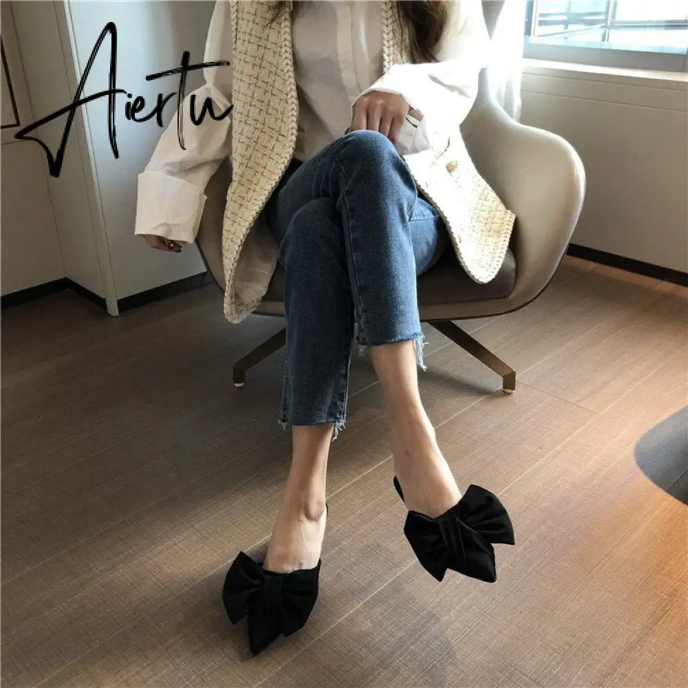 Aiertu New Spring Slippers Women's Korean-Style Pointed Polka Dot Bow Stiletto Mid-Heel Low Heel Slippers Polka Dot Half Slippers Aiertu