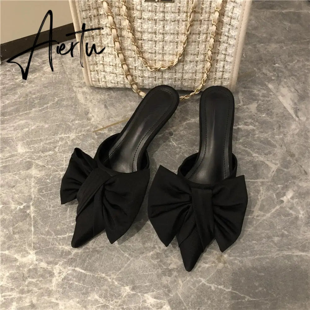 Aiertu New Spring Slippers Women's Korean-Style Pointed Polka Dot Bow Stiletto Mid-Heel Low Heel Slippers Polka Dot Half Slippers Aiertu