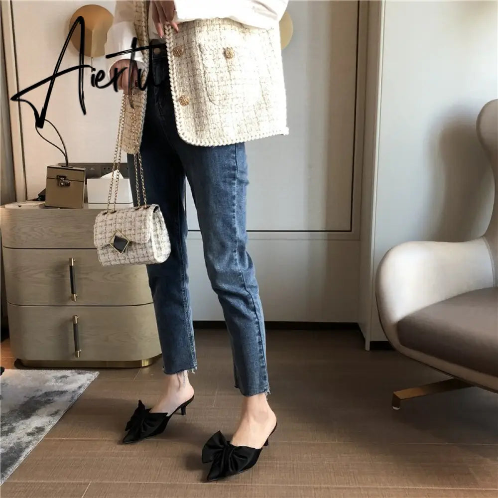 Aiertu New Spring Slippers Women's Korean-Style Pointed Polka Dot Bow Stiletto Mid-Heel Low Heel Slippers Polka Dot Half Slippers Aiertu