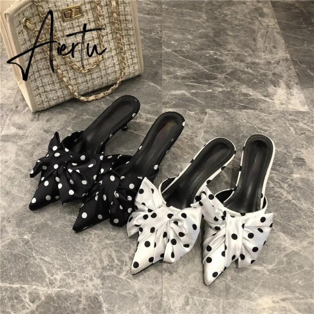 Aiertu New Spring Slippers Women's Korean-Style Pointed Polka Dot Bow Stiletto Mid-Heel Low Heel Slippers Polka Dot Half Slippers Aiertu