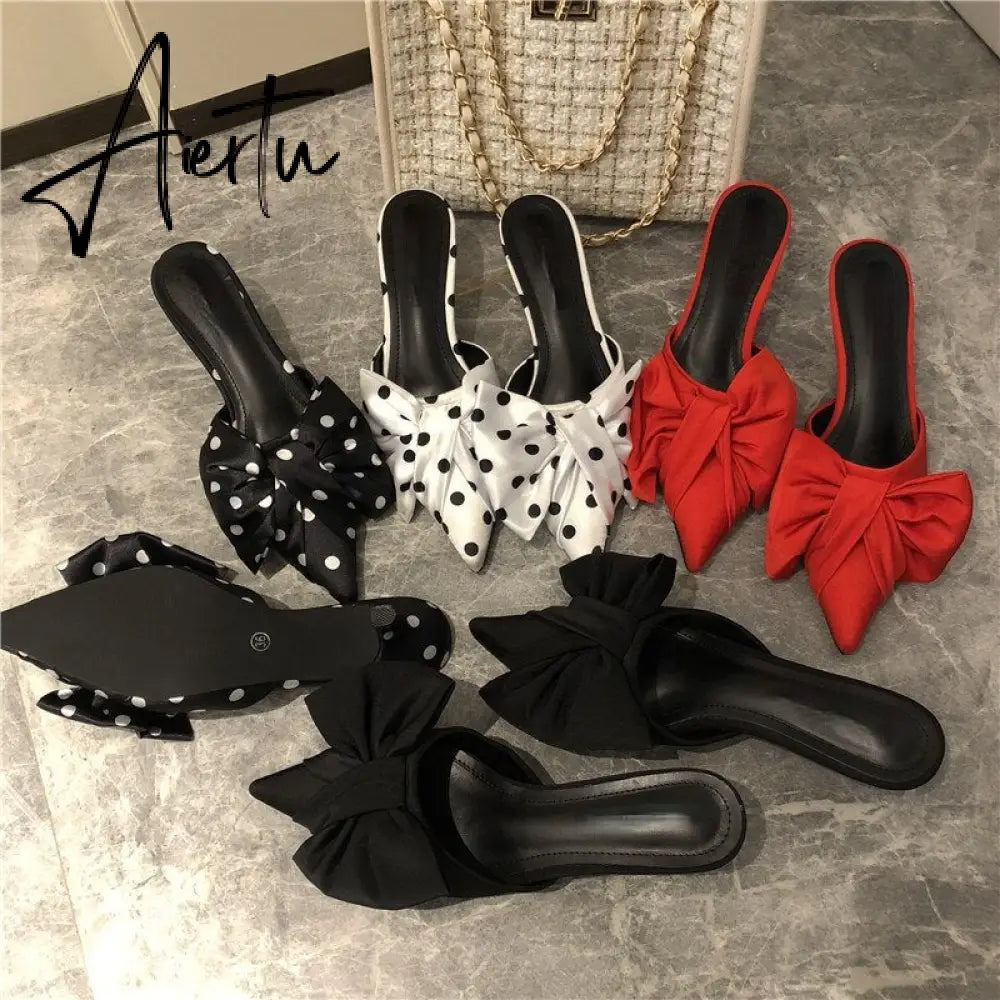 Aiertu New Spring Slippers Women's Korean-Style Pointed Polka Dot Bow Stiletto Mid-Heel Low Heel Slippers Polka Dot Half Slippers Aiertu