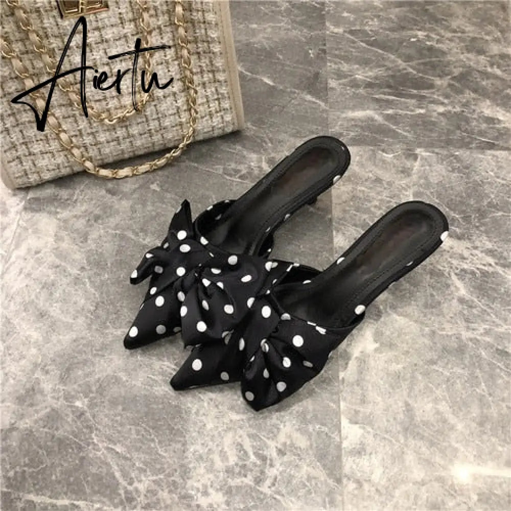 Aiertu New Spring Slippers Women's Korean-Style Pointed Polka Dot Bow Stiletto Mid-Heel Low Heel Slippers Polka Dot Half Slippers Aiertu