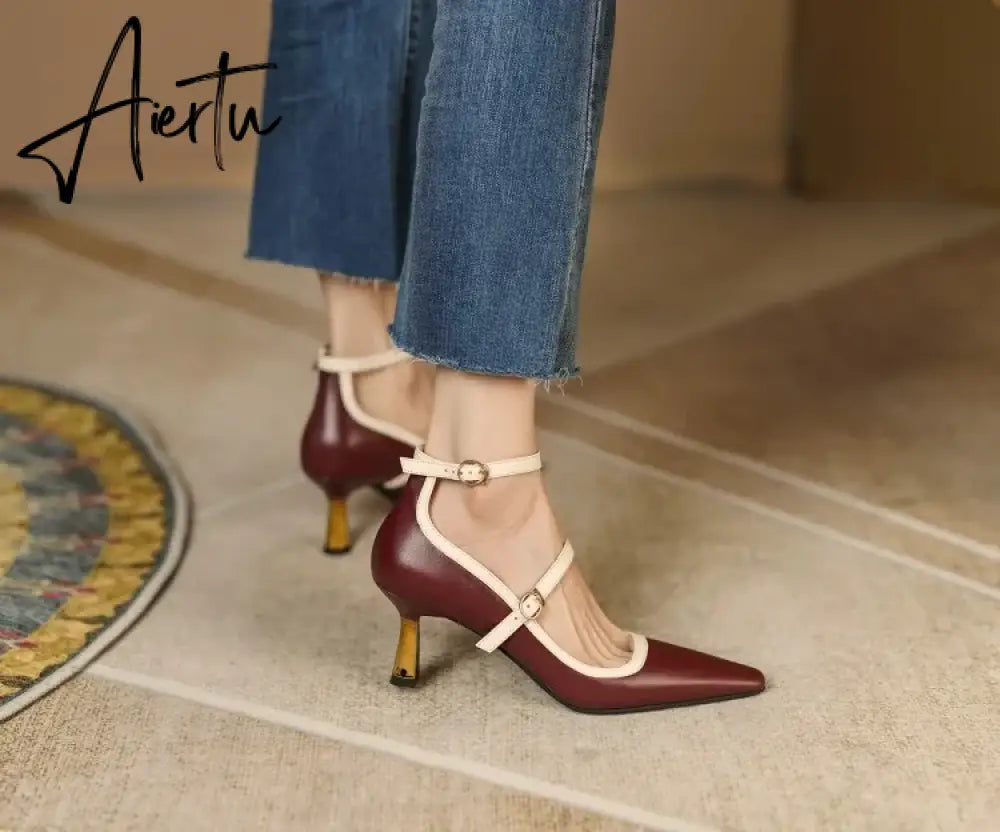 Aiertu NEW Spring/Summer Women Shoes Pointed Toe Thin Heel Pumps for Women Elegant Cow Leather Shoes sexy High Heels Elegant Mary Janes Aiertu