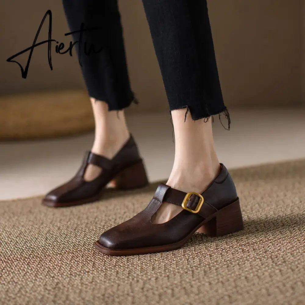 Aiertu NEW Spring Women Pumps Genuine Leather Shoes for Women Square Toe Chunky Heel Shoes Retro Mid-heel Mary Janes Retro Brown Shoes Aiertu