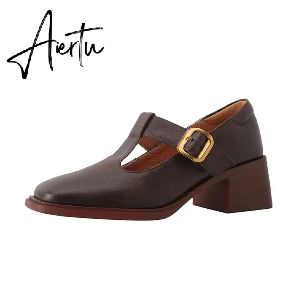 Aiertu NEW Spring Women Pumps Genuine Leather Shoes for Women Square Toe Chunky Heel Shoes Retro Mid-heel Mary Janes Retro Brown Shoes Aiertu