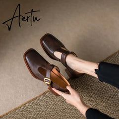 Aiertu NEW Spring Women Pumps Genuine Leather Shoes for Women Square Toe Chunky Heel Shoes Retro Mid-heel Mary Janes Retro Brown Shoes Aiertu