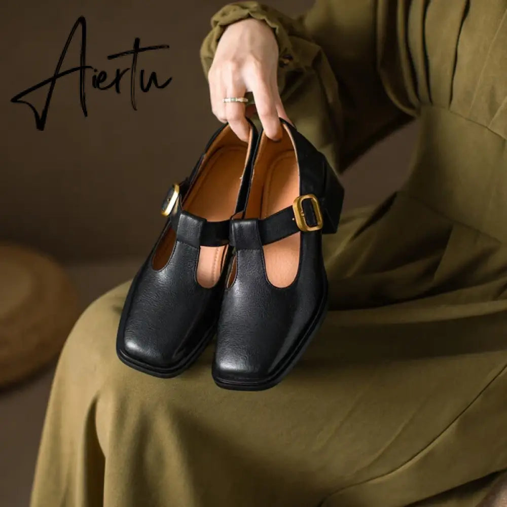 Aiertu NEW Spring Women Pumps Genuine Leather Shoes for Women Square Toe Chunky Heel Shoes Retro Mid-heel Mary Janes Retro Brown Shoes Aiertu