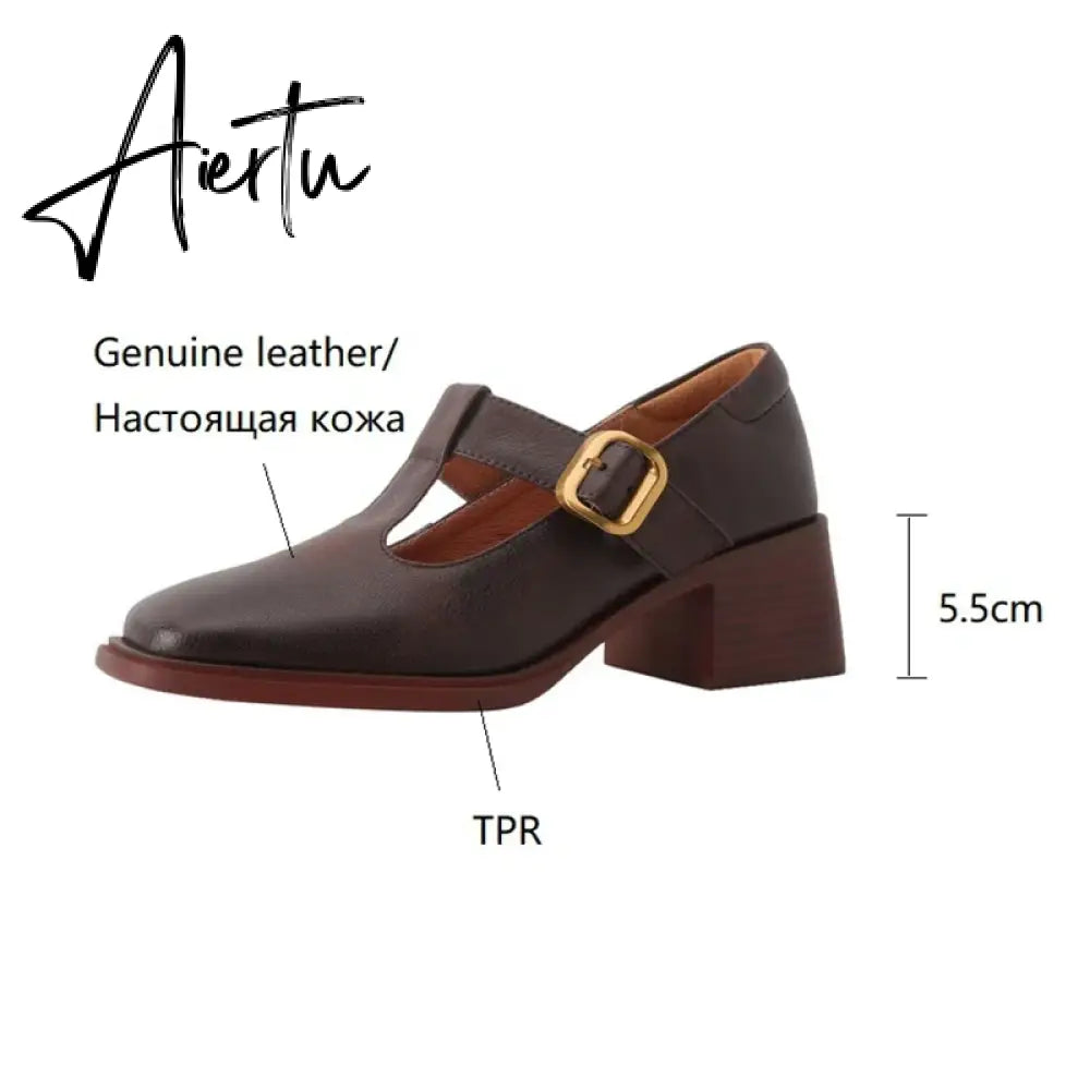 Aiertu NEW Spring Women Pumps Genuine Leather Shoes for Women Square Toe Chunky Heel Shoes Retro Mid-heel Mary Janes Retro Brown Shoes Aiertu