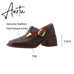 Aiertu NEW Spring Women Pumps Genuine Leather Shoes for Women Square Toe Chunky Heel Shoes Retro Mid-heel Mary Janes Retro Brown Shoes Aiertu