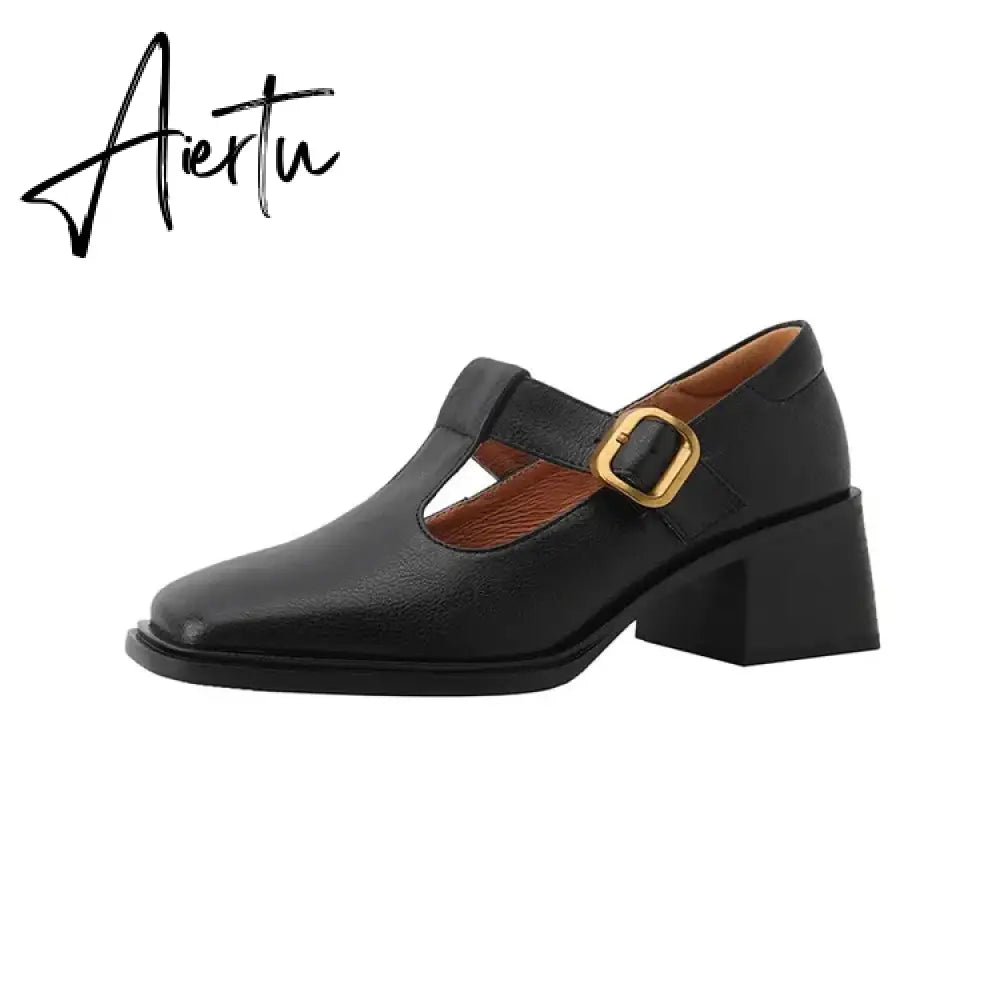 Aiertu NEW Spring Women Pumps Genuine Leather Shoes for Women Square Toe Chunky Heel Shoes Retro Mid-heel Mary Janes Retro Brown Shoes Aiertu