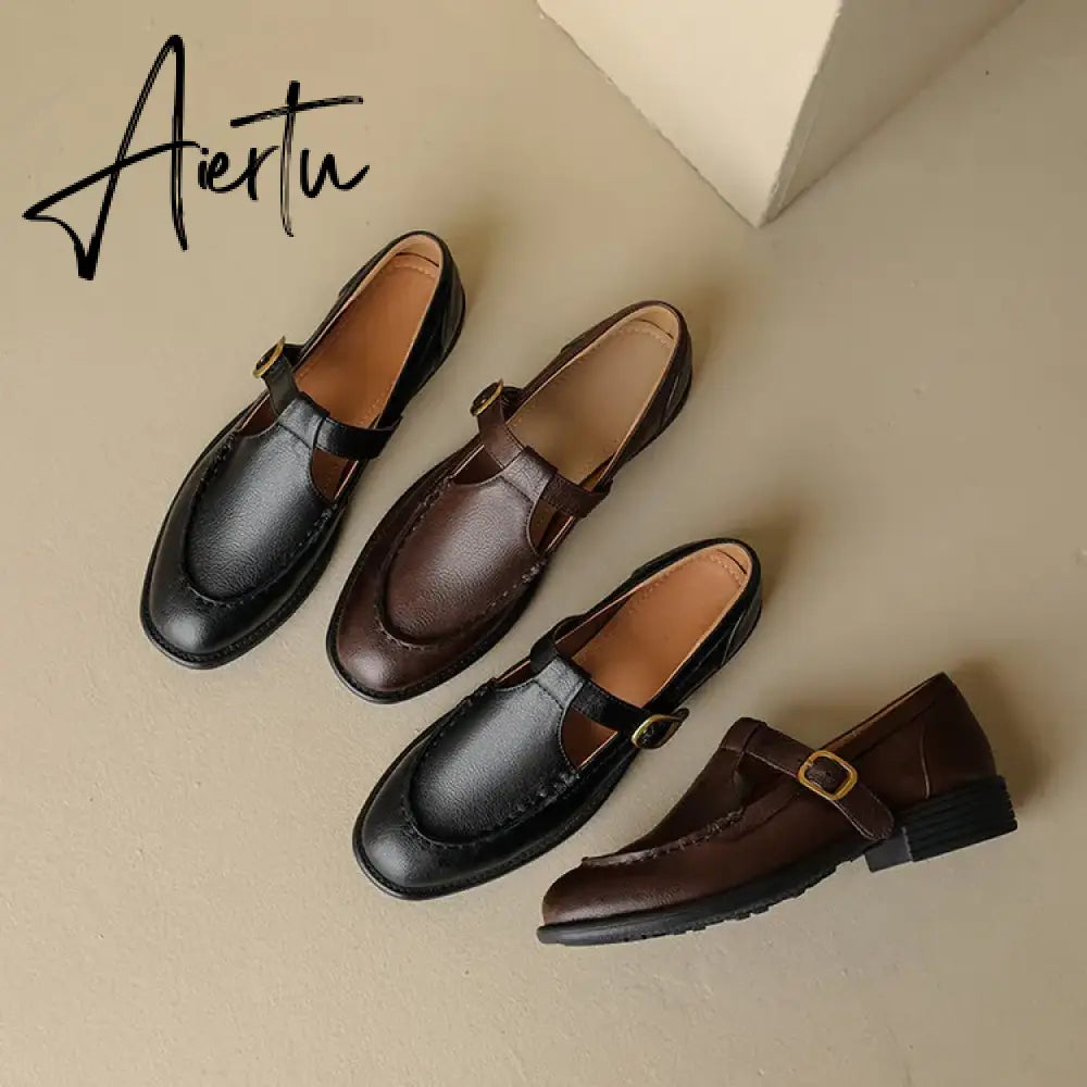 Aiertu NEW Spring Women's Pumps Genuine Leather Shoes for Women Round Toe Chunky Heel Shoes Retro Low Heel Mary Janes Retro Brown Shoes Aiertu