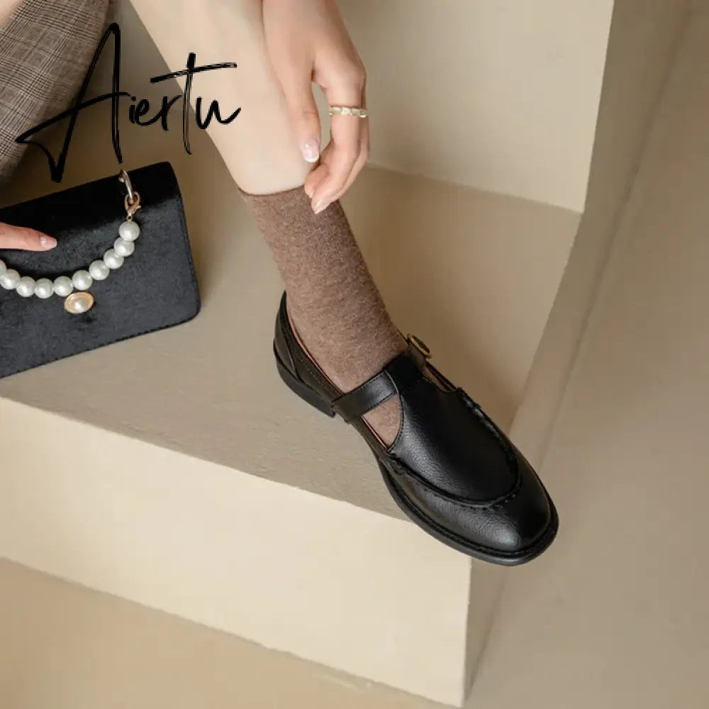 Aiertu NEW Spring Women's Pumps Genuine Leather Shoes for Women Round Toe Chunky Heel Shoes Retro Low Heel Mary Janes Retro Brown Shoes Aiertu
