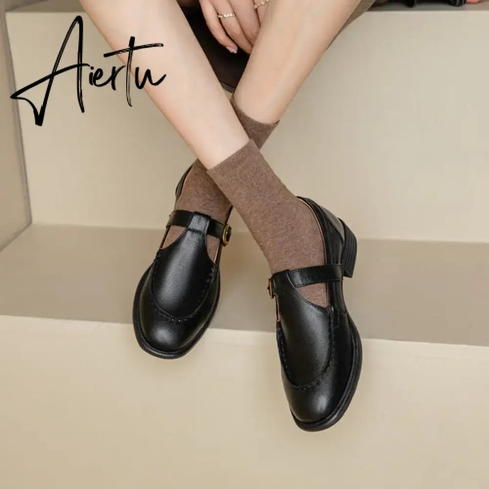 Aiertu NEW Spring Women's Pumps Genuine Leather Shoes for Women Round Toe Chunky Heel Shoes Retro Low Heel Mary Janes Retro Brown Shoes Aiertu