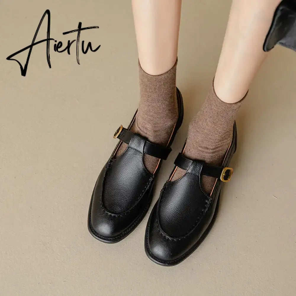 Aiertu NEW Spring Women's Pumps Genuine Leather Shoes for Women Round Toe Chunky Heel Shoes Retro Low Heel Mary Janes Retro Brown Shoes Aiertu